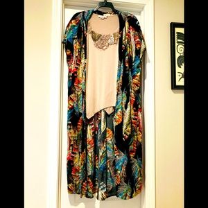 Umber feather print long kimono